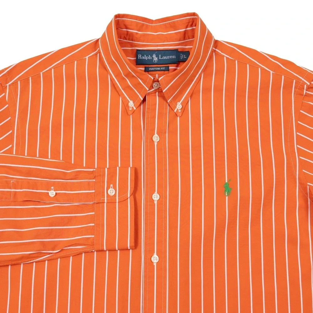 VTG Polo Ralph Lauren Button Down Shirt Mens L Orange Striped Custom Fit Preppy